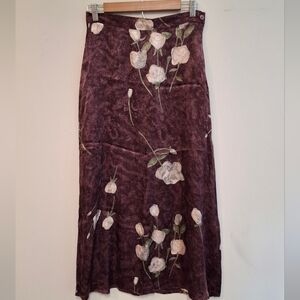 Y2K Rayon/Satin Plum Floral Maxi Slip Skirt with Cream Rose Print